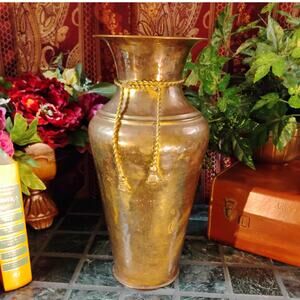 14"H Vintage Hammered Solid Brass Vase Rope Bow Detail Moody Heavy Patina Decor
